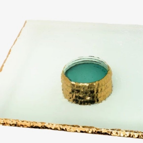 Annieglass Cake Stand - Edgey square cake stand with 24k gold trim, New - Picture 10 of 10